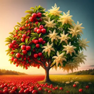 Cherry and elderflower tree illustration in vibrant countryside landscape