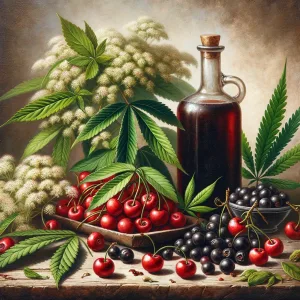 Cannabis leaves with elderberries and cherries herbal wellness illustration