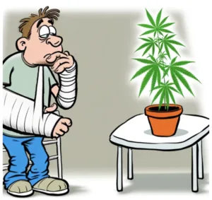Injured man looking at cannabis plant in pot cartoon
