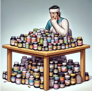Injured man surrounded by many medication bottles illustration