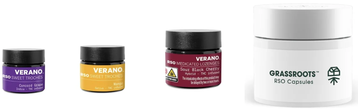 Verano RSO troches lozenges and Grassroots RSO capsules