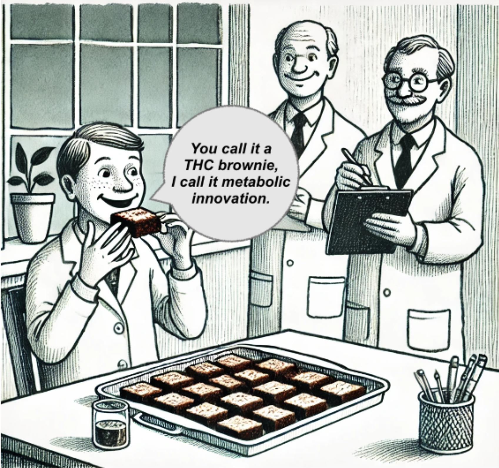 Scientist eating THC brownie during humorous laboratory experiment illustration