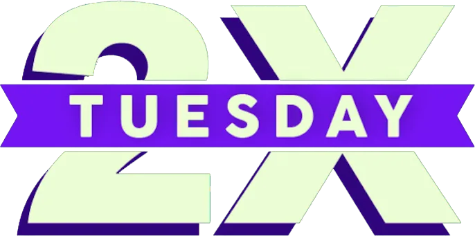 2X Tuesday promotional graphic with purple banner