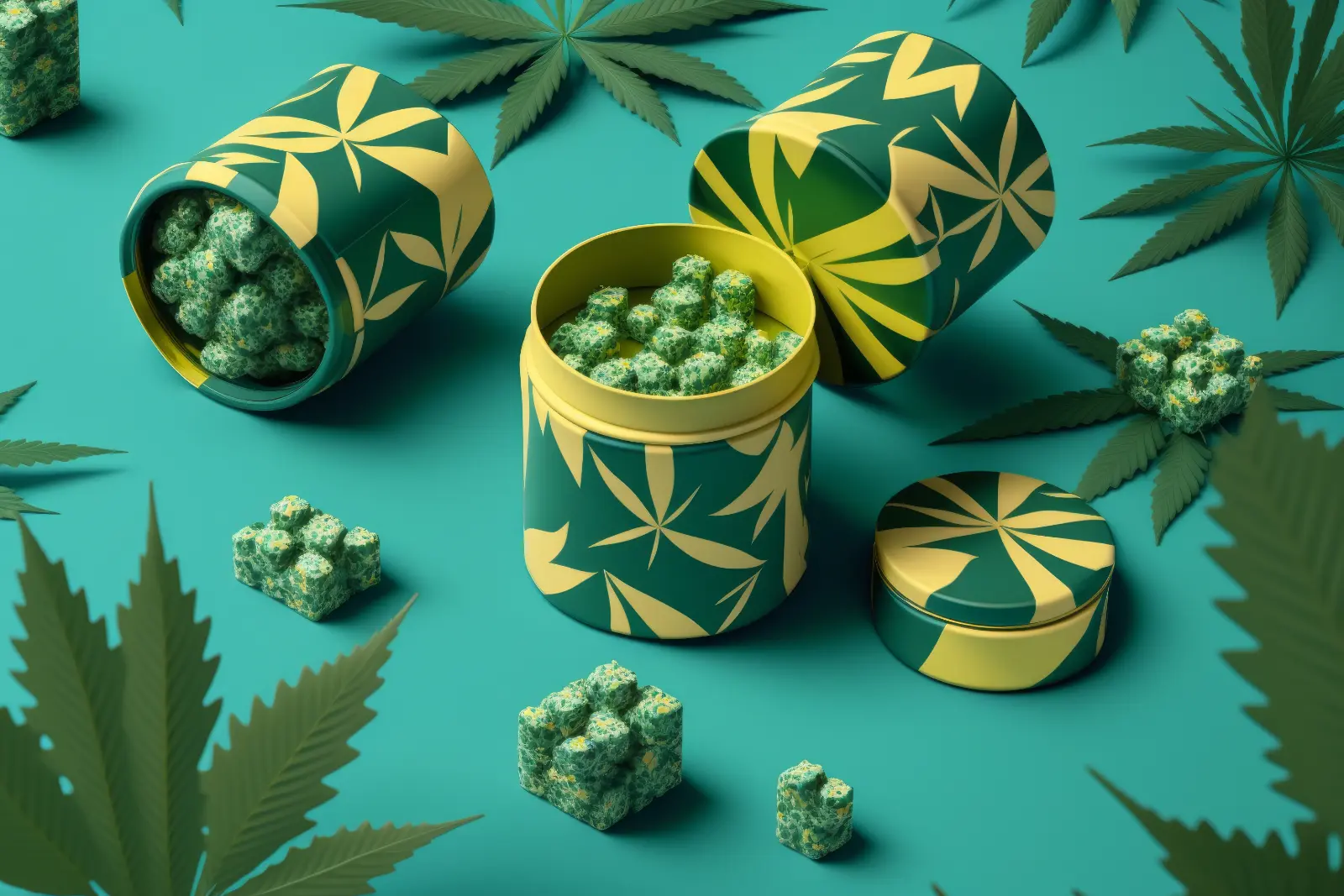 Cannabis gummies in decorative containers with marijuana leaf design