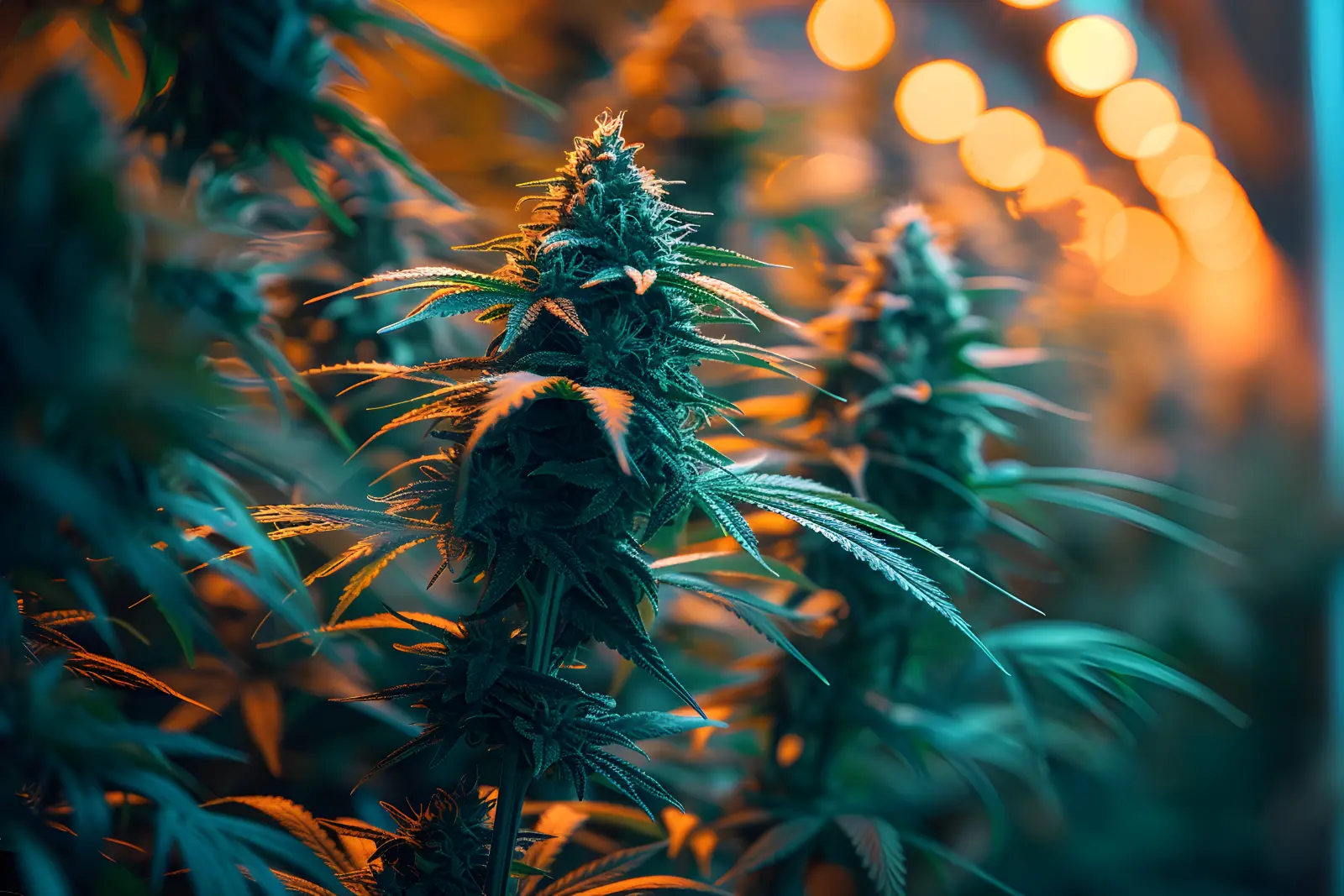 Close-up of cannabis plant with buds under warm grow lights