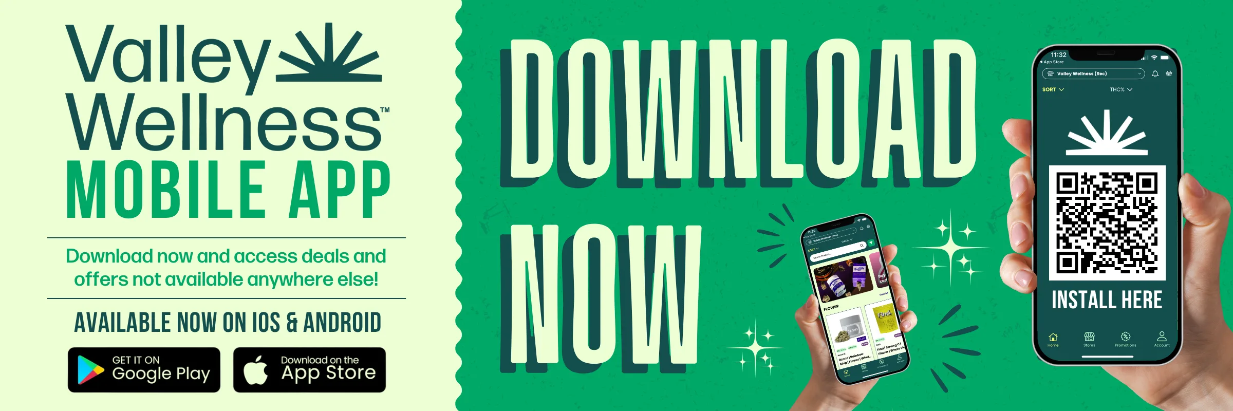 Valley Wellness mobile app download banner with QR code and phones